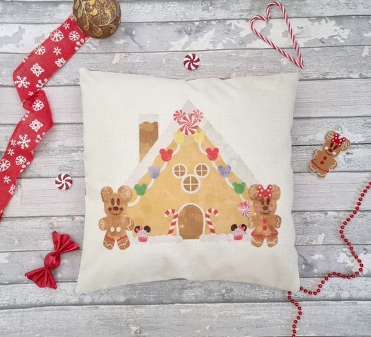 Discover Disney Christmas Holiday mickey Minnie mouse gingerbread house man Disney ears swirl candy cane cushion throw pillow cover decoration gift