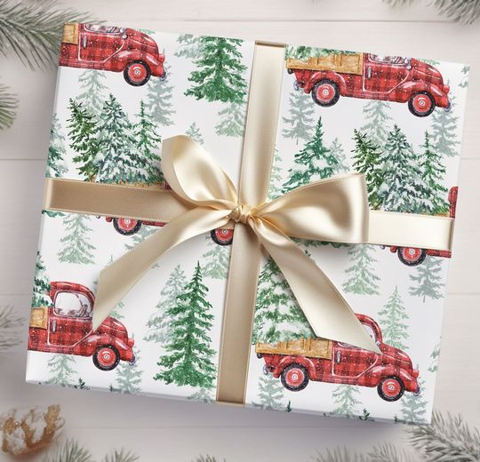 Christmas Vintage Red Truck, Christmas Tree Farm Wrapping Paper, Christmas Gift Wrap, Merry Christmas Wrapping Paper, Vintage Gift Wrap
