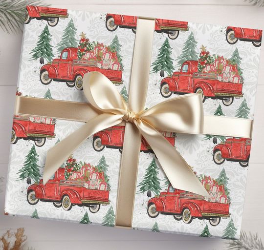 Watercolor Hand Drawn Christmas Wrapping Paper, Retro Christmas, Wrapping Paper, Christmas Wrapping Paper, Holiday Gift Wrap, Red truck