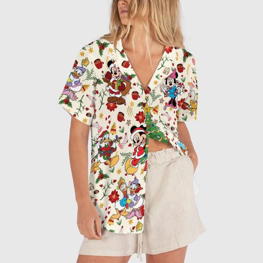 Mickey & Friends Santa Hats Hawaiian Shirt, Disneyland Christmas Button Up Shirt, Family Disney Trip Aloha Shirt, Xmas Holiday Shirt