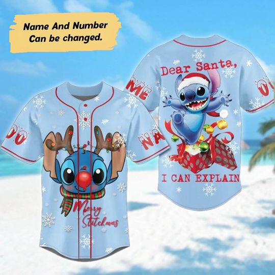 Personalized Stitch Christmas Baseball Jersey, Stitch Jersey Team, Stitch Xmas Party Gift, Santa Stitch Christmas Shirt, Magic Kingdom Shirt
