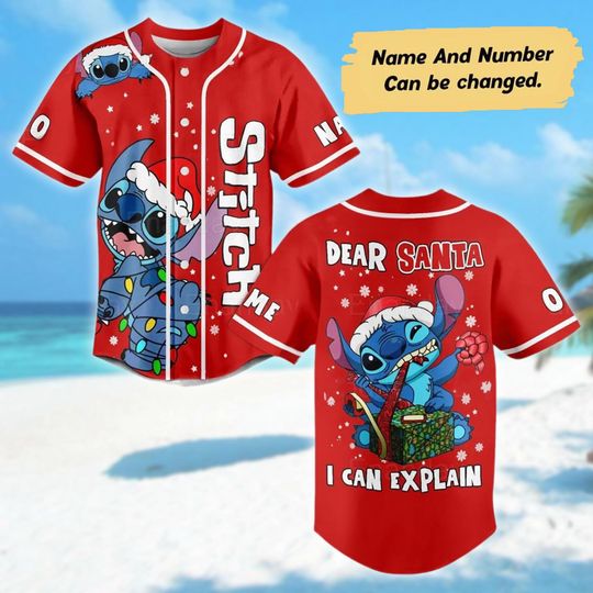 Custom Christmas Stitch Baseball Jersey, Stitch Jersey Team, Santa Stitch Xmas Party Gift, Magic Kingdom Shirt, Cartoon Christmas Shirt