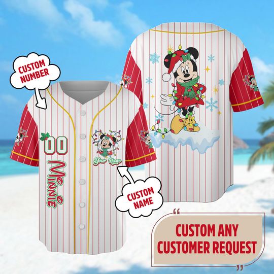 Custom Minnie Mouse Christmas Baseball Jersey, Cartoon Jersey Team, Minnie Mouse Xmas Holiday Jersey Shirt, Magic Kingdom Shirt