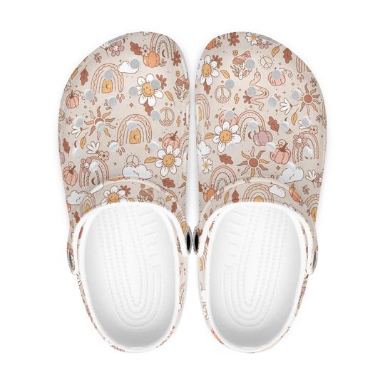 Beige autumn clogs for women, men - children | Pumpkin slippers - mules | Autumn design | Rainbow shoes for girls