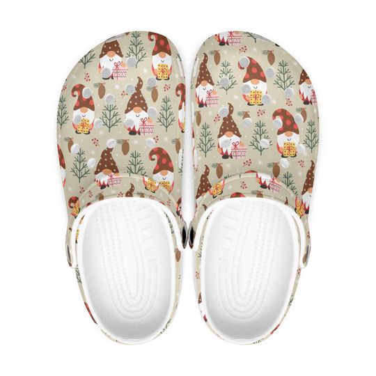 Beige Christmas clogs for women, men - children, gnome winter slippers - mules, Christmas gnome design, winter gnome shoes