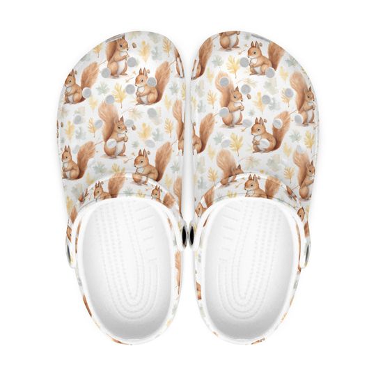 Autumn clogs shoes for women, men - children | Slippers - mules with squirrel design | Forest animal autumn shoes with animal motif