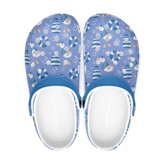 Blue women's - men's clogs with seagull design | Maritime sandals | Funny rubber clogs | Comfortable summer shoes | Seagull motif slippers