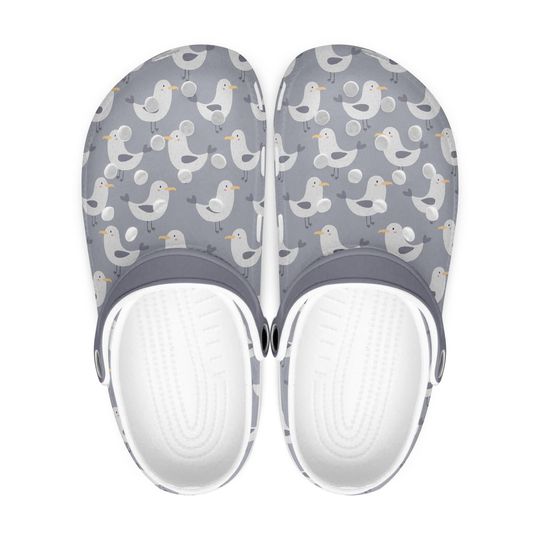 Grey rubber clogs for women - men with seagull motif | Funny beach bathing shoes | Slippers with animal design | Gift for him