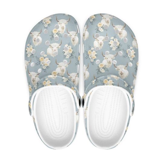 Highland Cow Clogs for Women & Men, Cute Blue Slippers, Floral Cow Shoes, Girls Clogs, Scottish Cow Design, Gift for Her