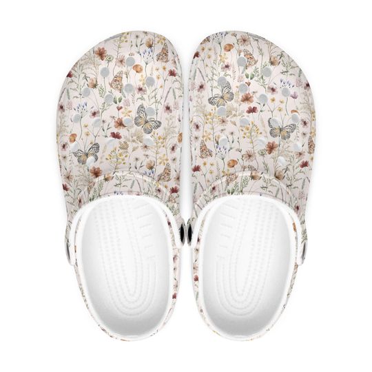 Beige Wildflower Butterfly Clogs, Women's Shoes, Floral Flower Pattern, Butterfly Design, Slip-On Slippers, Summer Sandals