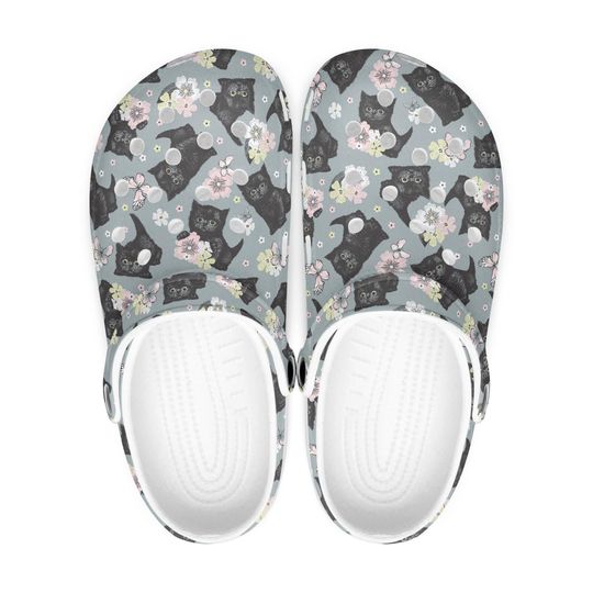 Grey men's - women's rubber clogs, cat clogs for children, cat design shoes, cat pattern women's shoes, slippers with cat motif