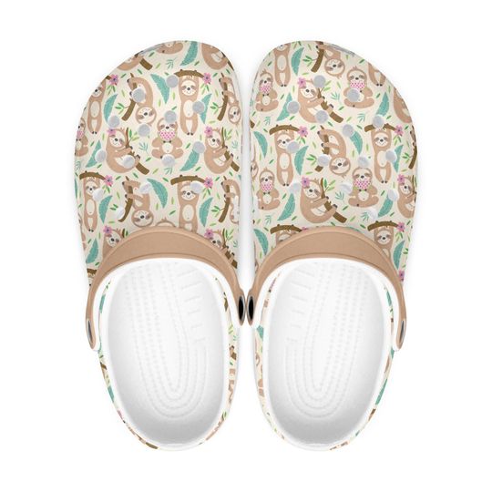 Beige ladies rubber clogs, sloth clogs for girls, sloth design shoes, sloth pattern slip-ons, sloth slippers