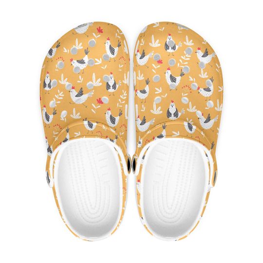 Yellow women's and men's rubber clogs shoes, funny chicken pattern, chicken design, chicken clogs, unisex farm shoes, lightweight slippers