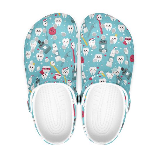 Kawaii light blue men's and women's doctor clogs shoes with funny tooth pattern, cartoon comic design, comfortable doctor shoes for everyday use.