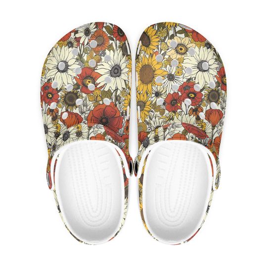Women's clogs, men's clogs, garden shoes, retro flower pattern, autumn blossom design, floral clogs, unisex shoes beige, lightweight slippers