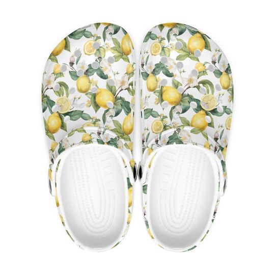 Women's and men's clogs with lemon pattern, citrus lemon design sandals, white rubber clogs with fruit motif, slippers for summer