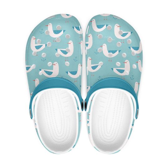 Funny Blue Men's and Women's Rubber Clogs with Seagull Pattern, Comfortable Garden Shoes, Summer Sandals, Beach Shoes