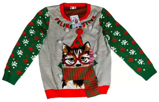 Feline Festive Ugly Christmas Sweater Unisex XXL Kitty Cat Paw Prints Bling New