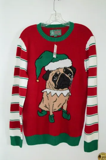 NWT Ugly Christmas Sweater Pug Women's M Pug Elf Holiday Party Green Red Bell 3D