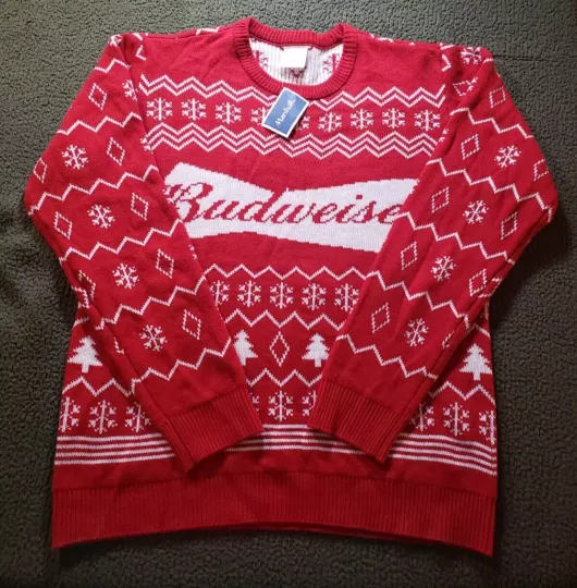 Mens Budweiser Novelty Winter Ugly Christmas Sweater Red Size XL Beer