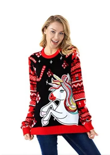 Womens Chunky Fairsle Unicorn Christmas Funny Ugly Jumper Size UK 18/20 Curve