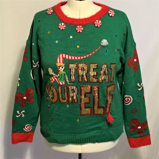 Ugly Christmas Sweater Treat Your Elf Self Peppermint Sequins Green Womens XL