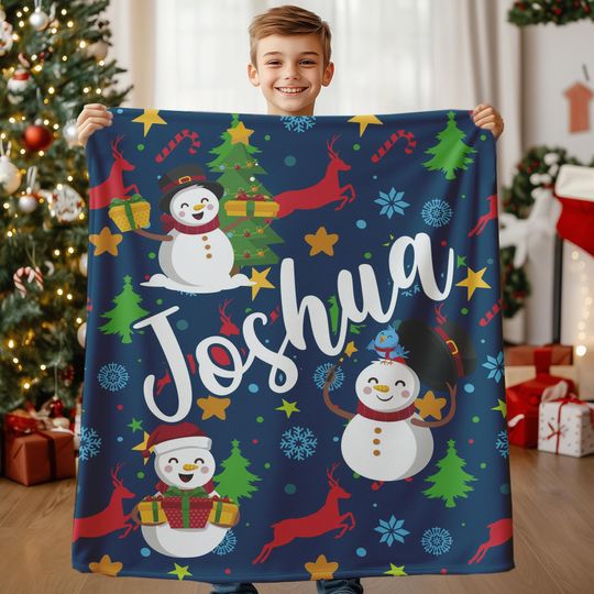 Merry Christmas Blanket Snowman Decor, Funny Christmas Gift for Kids Grandkids, Gifts for Nephew Niece, Xmas Gifts Custom Name Blanket XM7