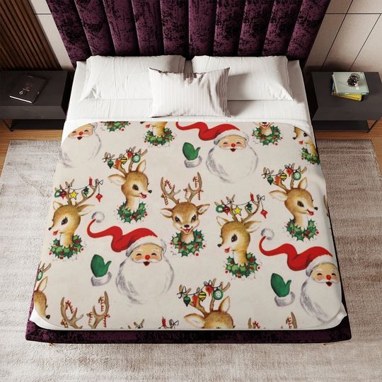 Sherpa Blanket: Mid-Century Christmas Reindeer and Santa/Reverse is solid  Sherpa fleece. Holiday decor. Two sizes.