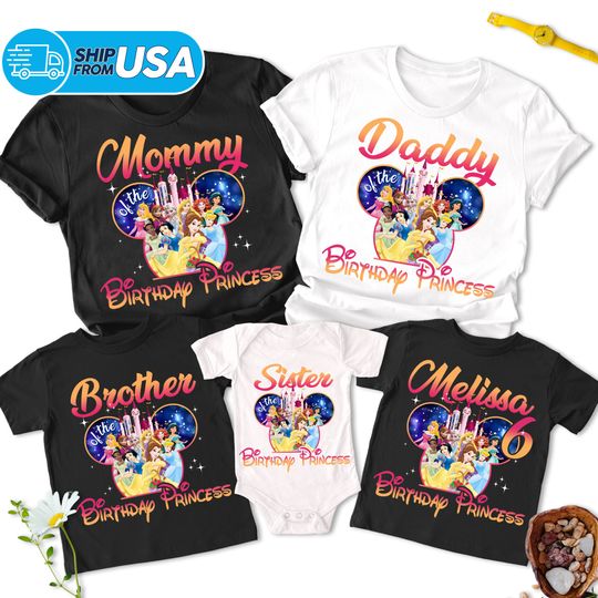 Personalized Princess Birthday Shirt, Daughter Family Birthday Kid Party Shirt, Princess Castle Theme, Line Up Princess Tee