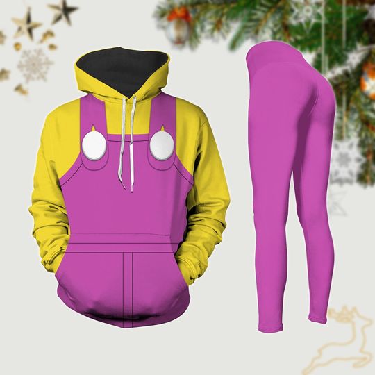 Wario Cosplay Hoodie And Legging, Purple Yellow Game Costume Shirt, Super Mario Characters Yoga Pants, Video Game Hoodie For Women Men