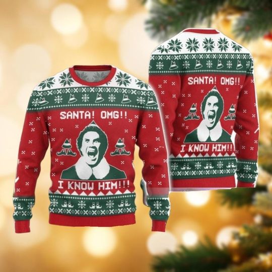 Christmas Elf Ugly Christmas Sweater, Santa Omg I Know Him Sweater, Funny Elf Sweater, Christmas Sweater For Men Women Kids, Xmas Gifts