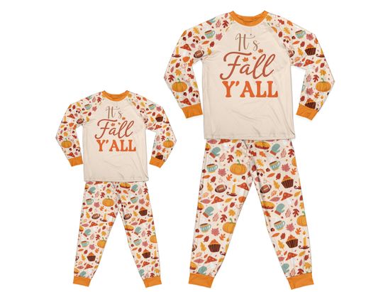It's Fall Y'all Long Sleeve Two Piece Pajama, Cozy Season Mom and Me Matching Pajamas Set, Pumpkin, Thanksgiving Pajamas, Loungewear Set