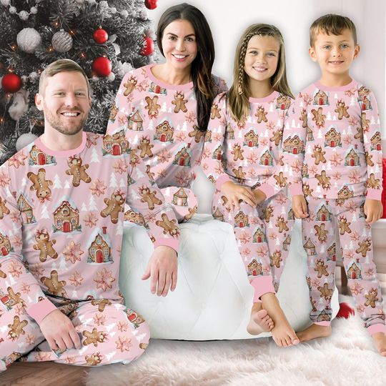 Family Christmas Long Sleeve Two Piece Pajama, Gingerbread Cookies Christmas Pajamas, Xmas Holiday Pajamas, Winter Christmas Loungewear Set