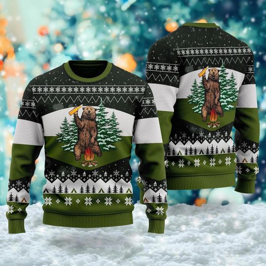 Bear Drinking Beer Campfire 3D Ugly Christmas Sweater, Camping Bear Xmas Sweatshirt, Forest Camping Christmas Gift For Men Women Kid