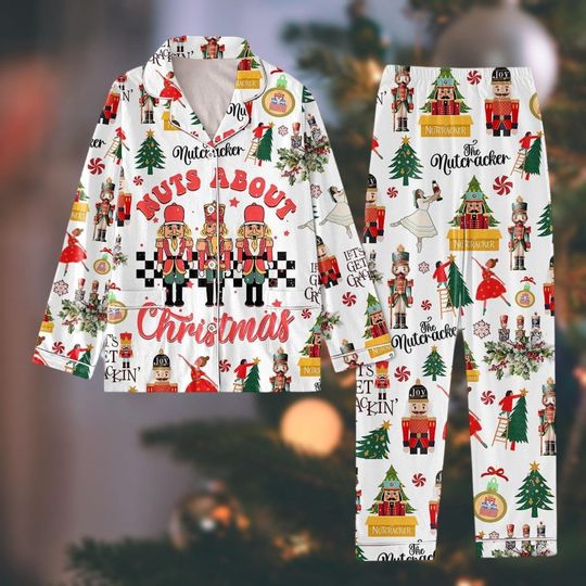 Nutcracker Christmas Pajamas Set, Nuts About Xmas Polyester Pjs, Santa Claus Nutcracker Shirt Pants Set,  Tis The Season Holiday Pajama