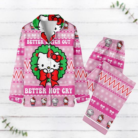 Christmas Hello Kitty Pajamas Set, Better Watch Out Better Not Cry Pajamas, Kitten Xmas Pajamas, Family Pajamas Gift For Her Women