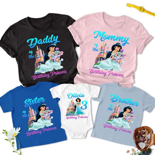 Personalized Magic Lamp Princess Cartoon Movie Birthday T-Shirts, Custom Name Flying Carpet Birthday Theme Tee, Matching Family Gift