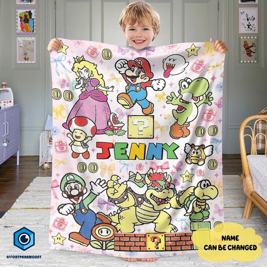Personalized Coquette Bows Super Mario Blanket, Watercolor Blanket, Mario Luigi Princess Peach Blanket, Mario Blanket, Video Games Merch