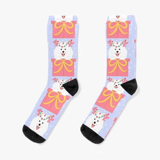 Christmas Reindeer Samoyed in a Gift Box Socks