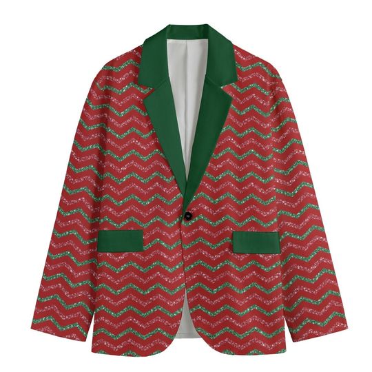 Red with Chevron Stripes Lightweight Christmas Blazer/Sports Coat - Green Lapel