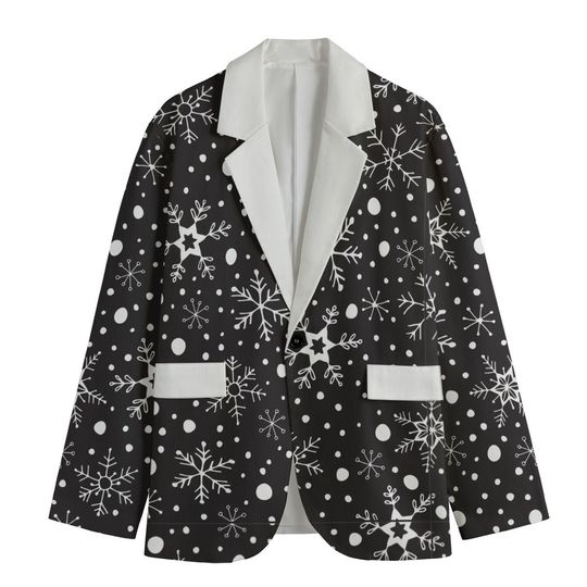 Black with White Snowflakes Lightweight Christmas Blazer/Sports Coat - White Lapel