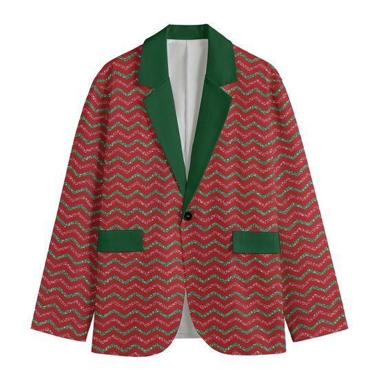 Men's Red with Chevron Stripes Lightweight Christmas Blazer/Sports Coat - Green Lapel
