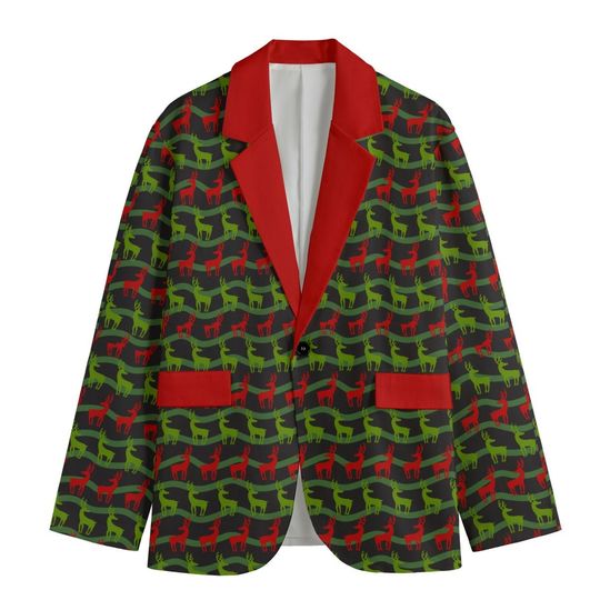Green and Red Reindeer Christmas Blazer/Sports Coat - Red Lapel