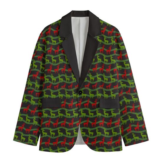 Green and Red Reindeer Christmas Blazer/Sports Coat - BlackLapel