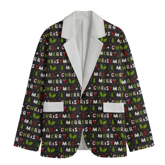 Black Merry Christmas Blazer/Sports Coat - White Lapel