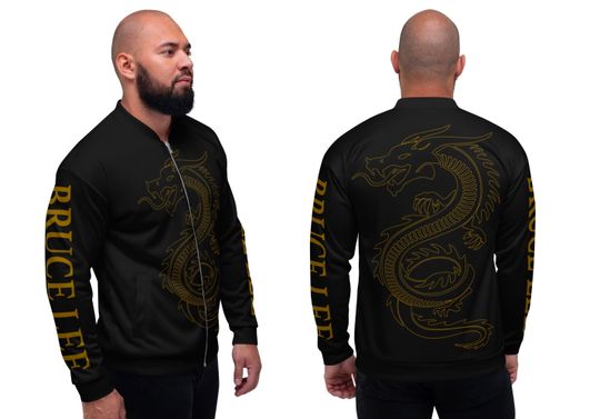 Men Bomber Jacket with Print Motif: Bruce Lee China Dragon Handmade Black Gold Jacket