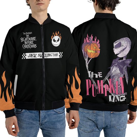 Disney The Nightmare Before Christmas Jack Skellington Fleece Bomber Jacket, Flaming Racing Streetwear Jacket, Disneyland Halloween Trip