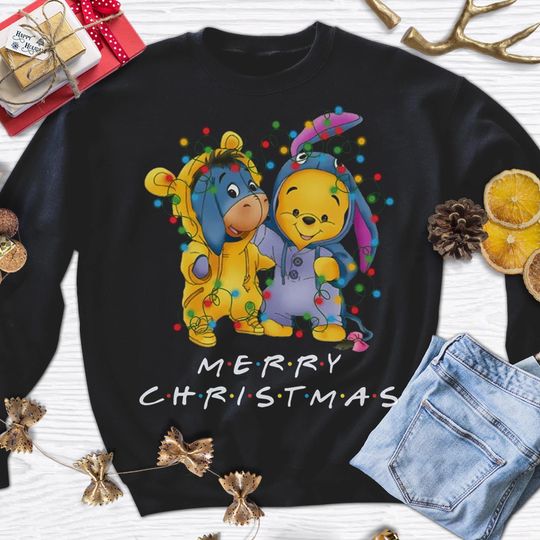 Cute Bear And Friend Christmas Lights Sweatshirt, Stitchmas Friends Santa Xmas T-Shirt, Funny Donkey Christmas Shirt, Merry Christmas Shirt