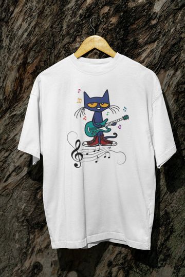 Pete The Cat Playing Guitar Graphic Oversized Shirt  Fun Design with Pete The Cat Rocking Out on Guitar  Comfortable and Trendy Tee
