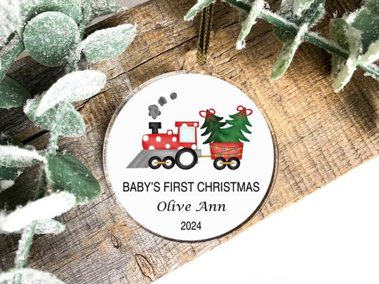 Cute Boys Christmas Ornament, Baby's 1st Christmas Decoration, Custom Baby Shower Gift, Personalized Train Ornament, Boys Christmas Keepsake